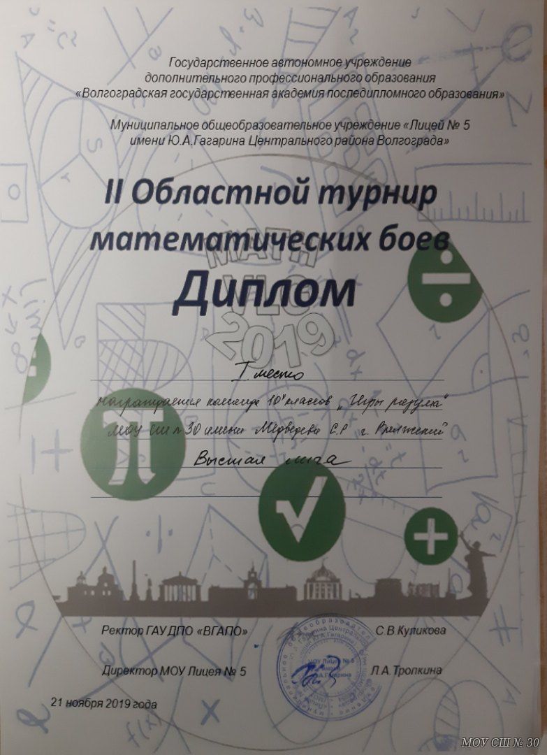 MATH VLG - 2019 - 21 Ноября 2019 - Сайт МОУ СШ №30 г.Волжского